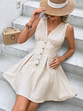 Momentlover Solid Color Sleeveless High Waisted V-Neck Mini Dresses