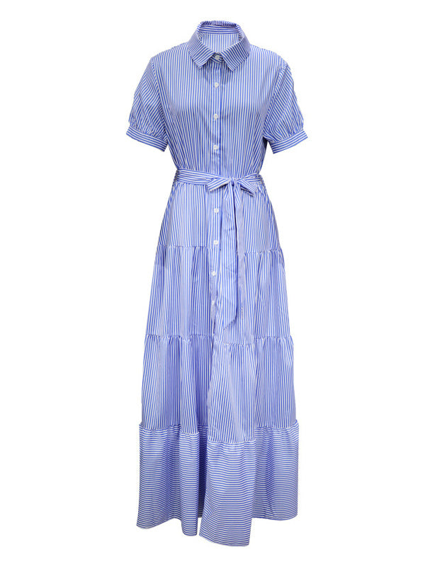 Momentlover Striped Short Sleeves Loose Lapel Maxi Dresses