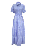 Momentlover Striped Short Sleeves Loose Lapel Maxi Dresses