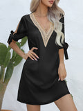 Momentlover Split-Joint Hollow Loose Half Sleeves V-Neck Mini Dresses
