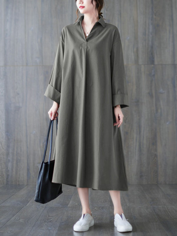 Momentlover Solid Color Buttoned Loose Long Sleeves V-Neck Shirt Dress Midi Dresses