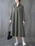 Momentlover Solid Color Buttoned Loose Long Sleeves V-Neck Shirt Dress Midi Dresses