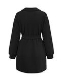 Momentlover Tied Waist Solid Color Jacquard Long Sleeves V-neck Mini Dresses