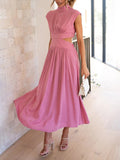 Momentlover Solid Color Pleated Belly-Hollow Cap Sleeve Stand Collar Maxi Dresses
