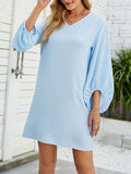 Momentlover Solid Color Ruffled Puff Sleeves Loose V-Neck Mini Dresses