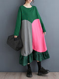 Momentlover Split-Joint Split-front Pleated Contrast Color Loose Long Sleeves Round-neck Midi Dresses