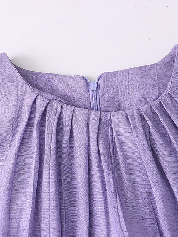 Momentlover Solid Color Pleated Sleeveless Loose Round-Neck Midi Dresses