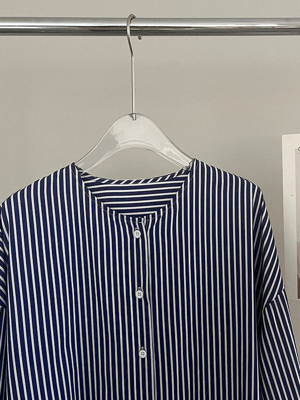 Momentlover Striped Raglan Sleeve Loose Round-Neck Shirt Dress Midi Dresses