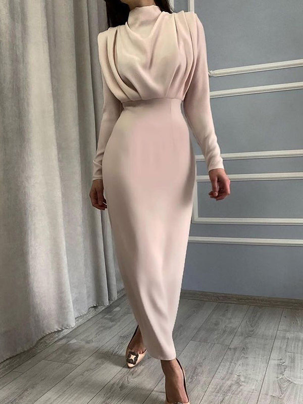 Momentlover Solid Color Pleated Skinny Long Sleeves Mock Neck Midi Dresses