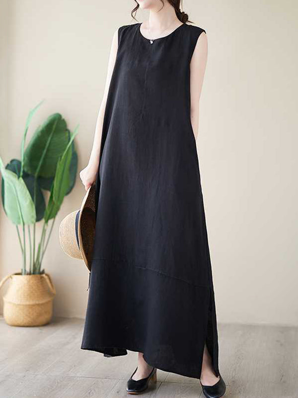 Momentlover Solid Color Sleeveless Loose Round-Neck Midi Dresses
