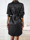 Momentlover Tied Waist Leopard Buttoned Loose Long Sleeves Lapel Shirt Dress Mini Dresses