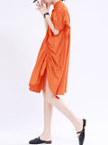 Momentlover Solid Color Pleated Asymmetric Short Sleeves Loose Stand Collar Shirt Dress Mini Dresses