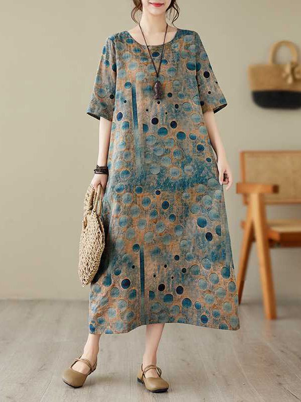 Momentlover Printed Polka-Dot Contrast Color Loose Half Sleeves Round-Neck Midi Dresses