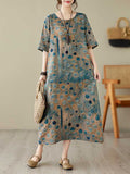 Momentlover Printed Polka-Dot Contrast Color Loose Half Sleeves Round-Neck Midi Dresses