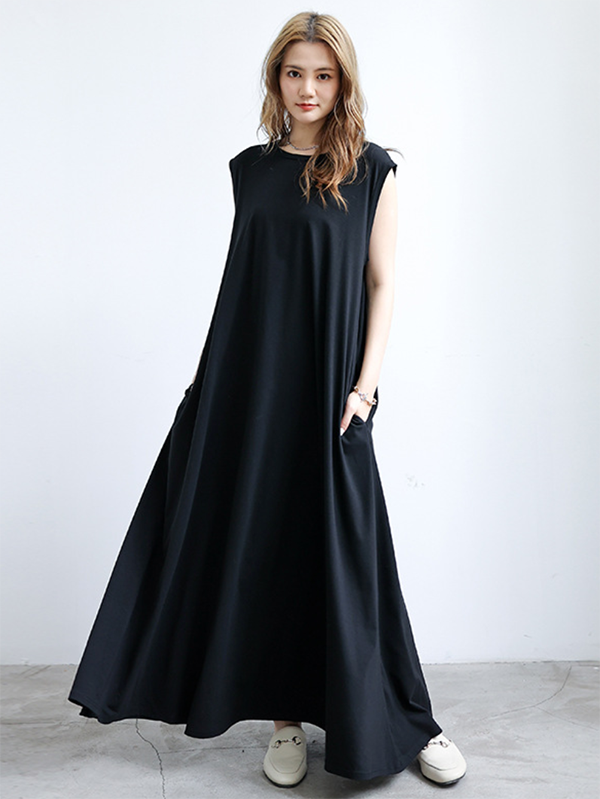 Momentlover Simple Loose Sleeveless Solid Color Round-Neck Maxi Dresses