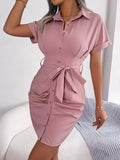 Momentlover Solid Color Pleated Bandage Short Sleeves Lapel Mini Dresses