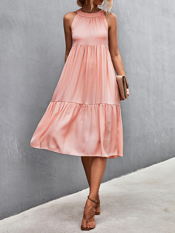 Momentlover Split-Joint Solid Color Pleated Hollow Sleeveless Loose Halter-Neck Midi Dresses