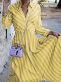 Momentlover Stylish Long Sleeves Striped Lapel Collar Maxi Dresses