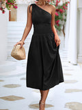 Momentlover Solid Color Sleeveless One-shoulder Midi Dresses