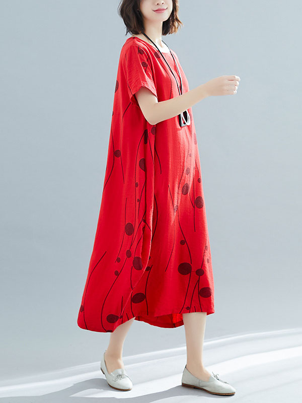 Momentlover Printed Short Sleeves Loose Round-neck Midi Dresses