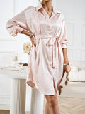 Momentlover Tied Waist Leopard Buttoned Loose Long Sleeves Lapel Shirt Dress Mini Dresses