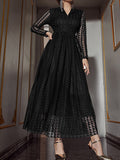 Momentlover Solid Color See-Through Gauze Buttoned Long Sleeves High Waisted V-Neck Maxi Dresses