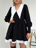 Momentlover Tiered Pleated Contrast Color Loose Long Sleeves Peter Pan Collar Mini Dresses