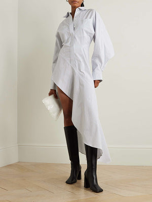 Momentlover Striped Asymmetric Long Sleeves Lapel Collar Midi Dresses