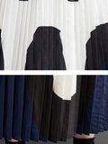Momentlover Split-Joint Printing Pleated Contrast Color Loose Long Sleeves Polo Midi Dresses