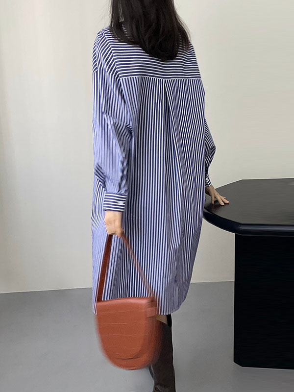 Momentlover Striped Raglan Sleeve Loose Round-Neck Shirt Dress Midi Dresses