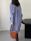 Momentlover Striped Raglan Sleeve Loose Round-Neck Shirt Dress Midi Dresses