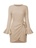 Momentlover Simple Long Sleeves Skinny Tied Falbala Solid Color Round-Neck Mini Dresses