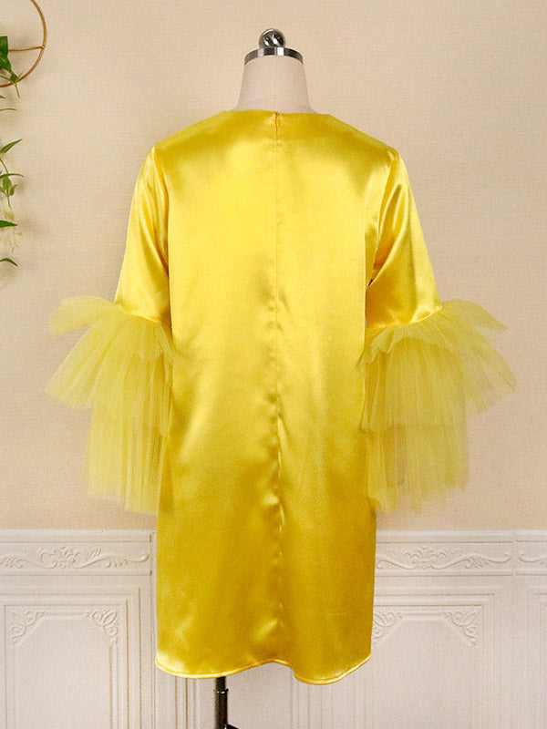 Momentlover Tulle Split-Joint Solid Color Shiny Plus Size Loose Round-Neck Mini Dresses