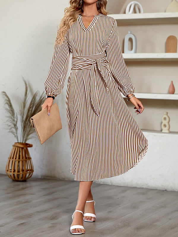 Momentlover Tied Waist Striped Puff Sleeves Loose V-Neck Shirt Dress Midi Dresses