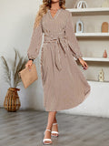 Momentlover Tied Waist Striped Puff Sleeves Loose V-Neck Shirt Dress Midi Dresses