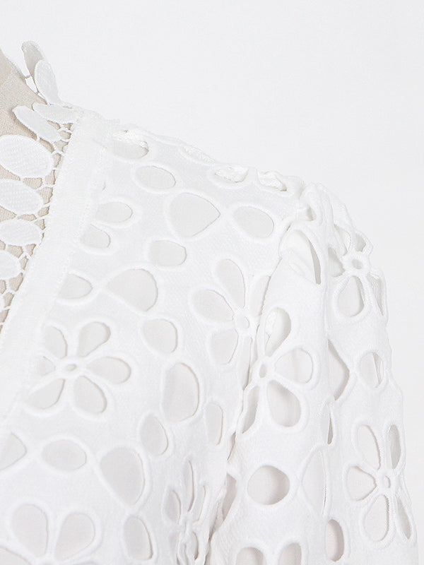 Momentlover Solid Color Hollow Half Sleeves Deep V-Neck Maxi Dresses