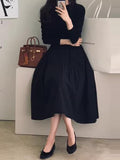 Momentlover Split-Joint Pleated Loose Long Sleeves Round-Neck Midi Dresses