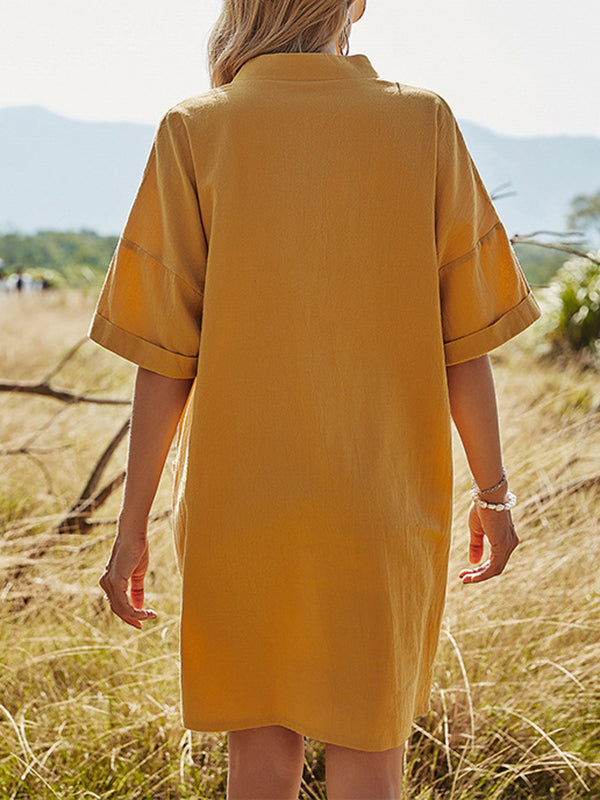 Momentlover Split-Joint Solid Color Pockets Short Sleeves Loose V-Neck Mini Dresses