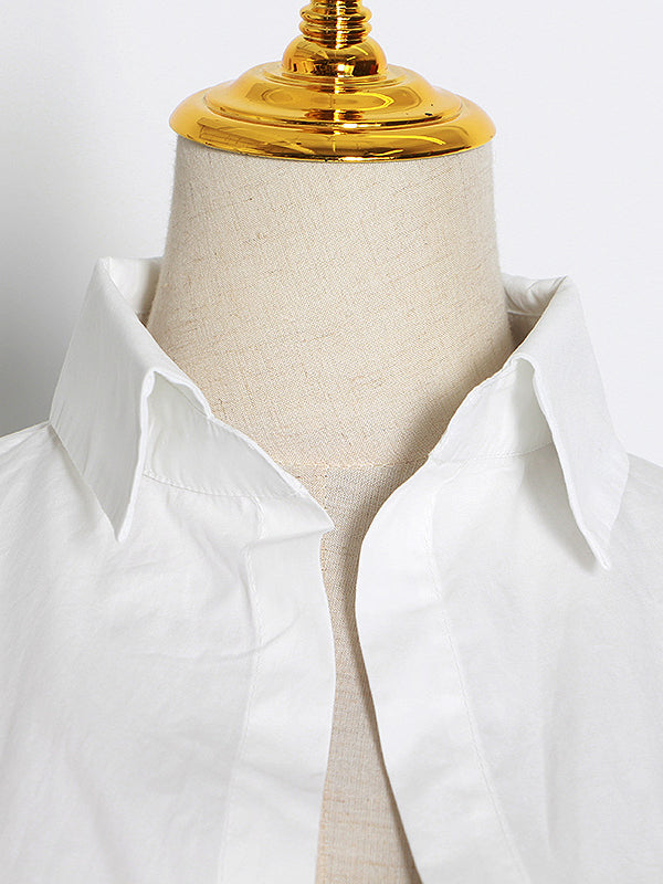 Momentlover Simple Flared Sleeves Loose Solid Color Lapel Collar Midi Dresses