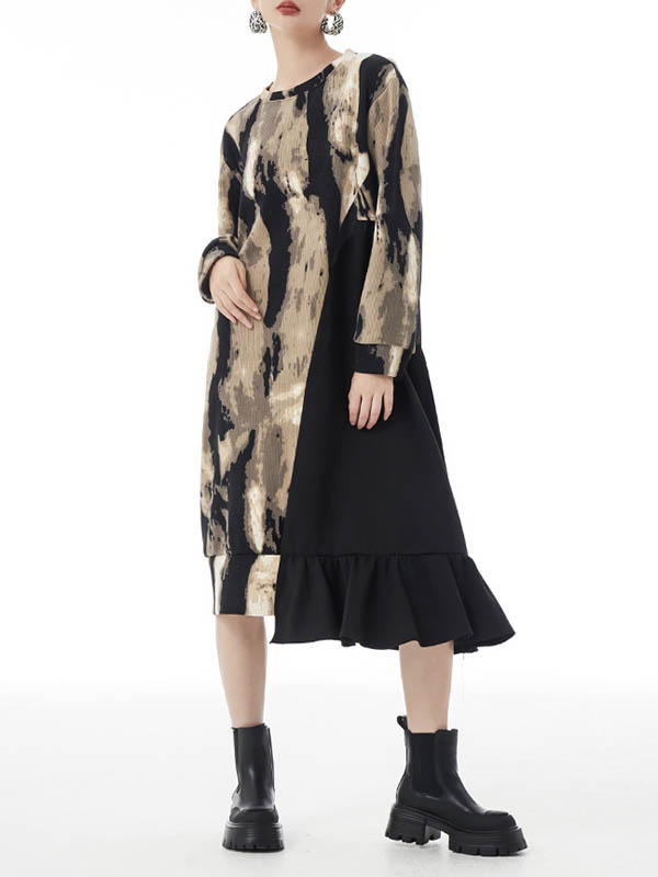 Momentlover Split-Joint Ruffled Contrast Color Asymmetric Loose Long Sleeves Round-Neck Midi Dresses