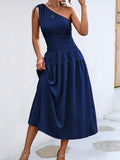 Momentlover Solid Color Sleeveless One-shoulder Midi Dresses