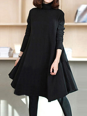 Momentlover Solid Color Loose Long Sleeves High Neck Midi Dresses