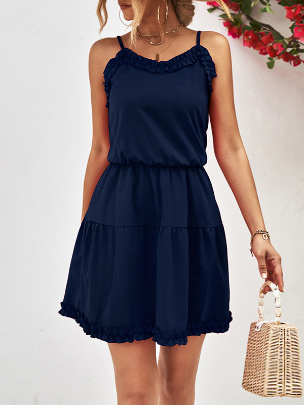 Momentlover Solid Color Falbala Sleeveless Loose Spaghetti-Neck Mini Dresses