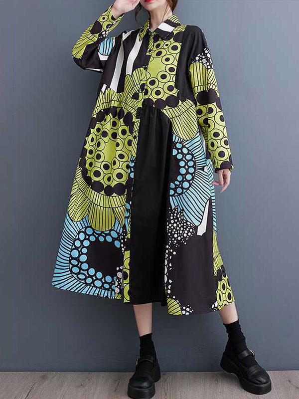 Momentlover Split-Joint Printed Buttoned Asymmetric Loose Long Sleeves Lapel Shirt Dress Midi Dresses