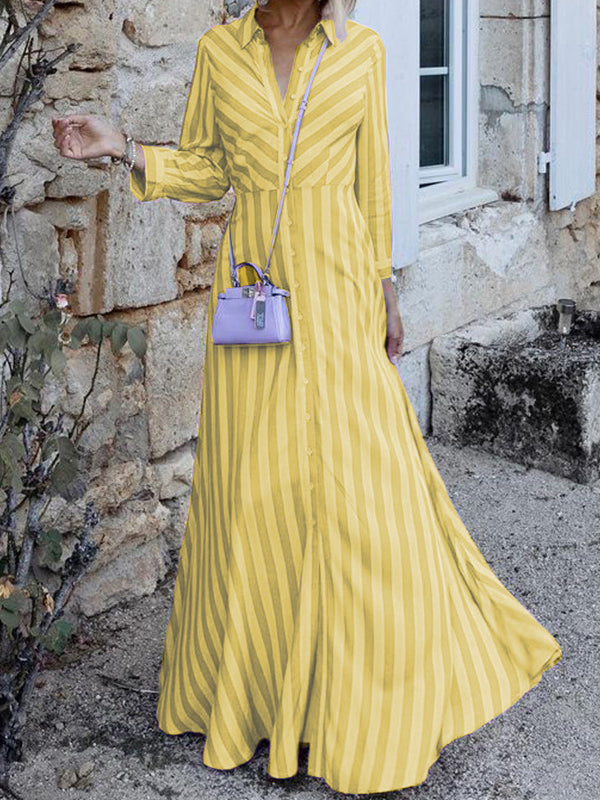 Momentlover Stylish Long Sleeves Striped Lapel Collar Maxi Dresses
