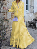Momentlover Stylish Long Sleeves Striped Lapel Collar Maxi Dresses