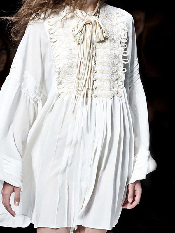 Momentlover Vacation Long Sleeves Puff Sleeves Embroidered Solid Color Stand Collar Mini Dresses