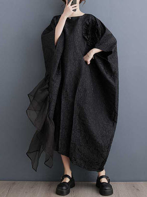 Momentlover Split-Joint Solid Color Pleated Jacquard Gauze Flower Shape Asymmetric Loose Batwing Sleeves Round-Neck Midi Dresses