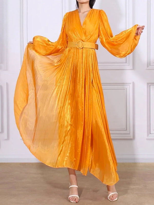 Momentlover Solid Color Pleated Belted Puff Sleeves Loose V-Neck Maxi Dresses