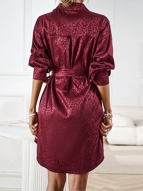 Momentlover Tied Waist Leopard Buttoned Loose Long Sleeves Lapel Shirt Dress Mini Dresses